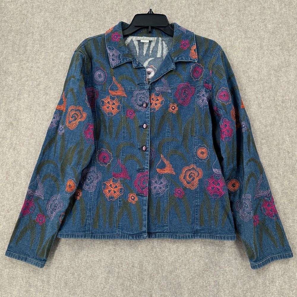 ANN TRINITY Blue Denim Floral Embroidered Jacket Stretch Cotton Size L‎ Designer